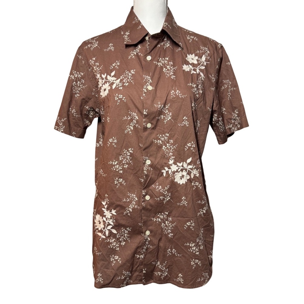 Calvin Klein Floral Embroidered Button Down Shirt Size M Brown 100% Cotton